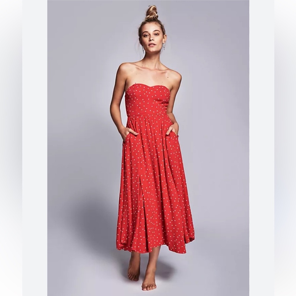 Free People Bella Donna Red Polka Dot Midi Dress With Pockets
